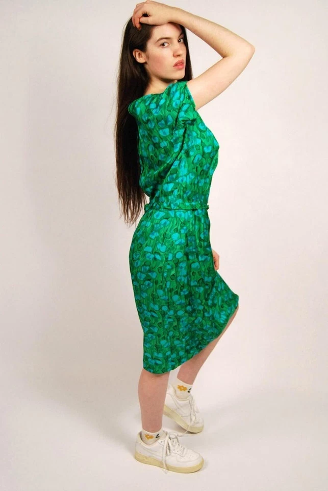60s Floral Dress (M) vintage green abstract sheath medium midi tie sheath mod 50 - Image 2 of 4