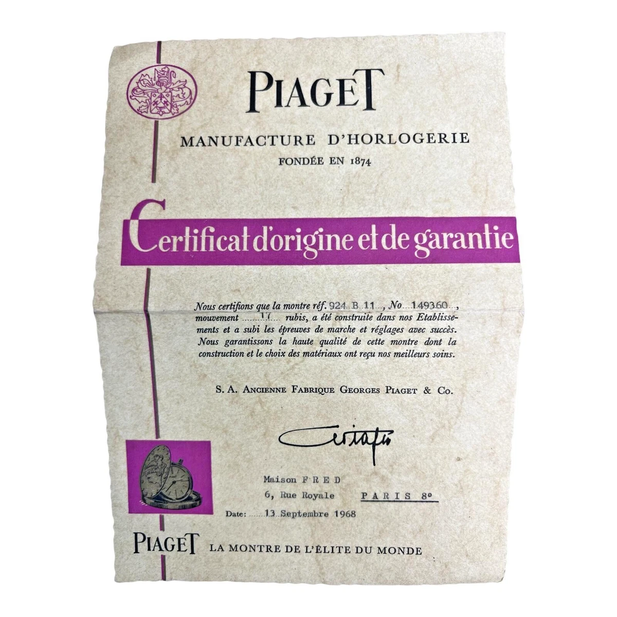 Authentic RARE 1968 Piaget International Guarantee warranty