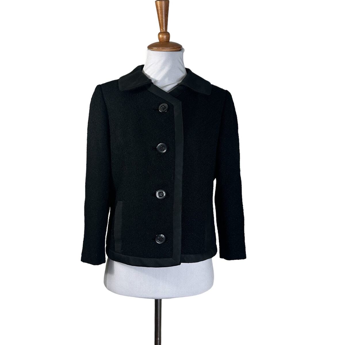 Vintage 1960s Black Boucle Satin Trimmed Jackie O Cardigan Vintage 1960s Black Boucle Satin Trimmed Jackie O Cardigan