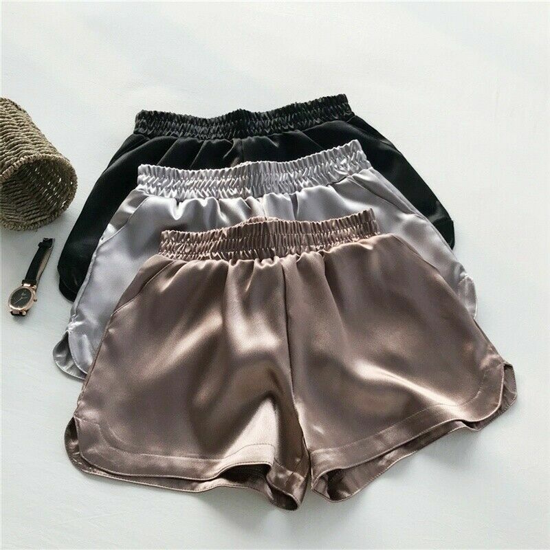 Women Satin Shorts Faux Silk Hot Pants Shiny Wide Leg Bottoms