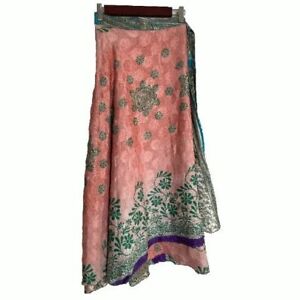 Sari Wrap Skirt Long Reversible 35&#034;L 49&#034;W Aqua Pink Two sides