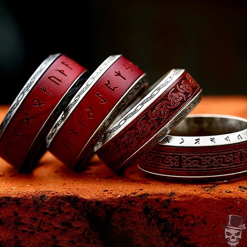 Sculpt Rings™ Stainless Steel Viking Spinner Ring with Red Rosewood & Runes