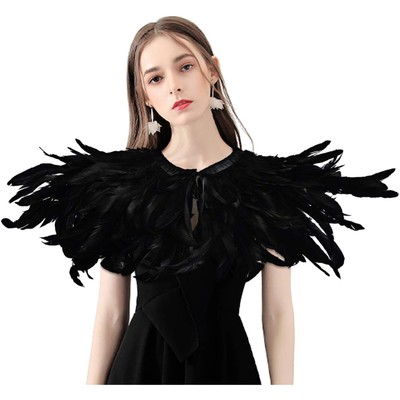 Black Witch Feather Collar Crow Shawl Costume Halloween Swan Wings Accessorie...
