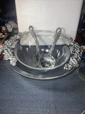 Arthur Court 15” x4.5” Glass Serving Bowl Grapes 1998 With Serving Utensils