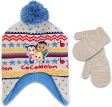 COCOMELON Kids toddler Fleece-Lined Beanie Hat Mittens Set w/ Pom-Pom NWT