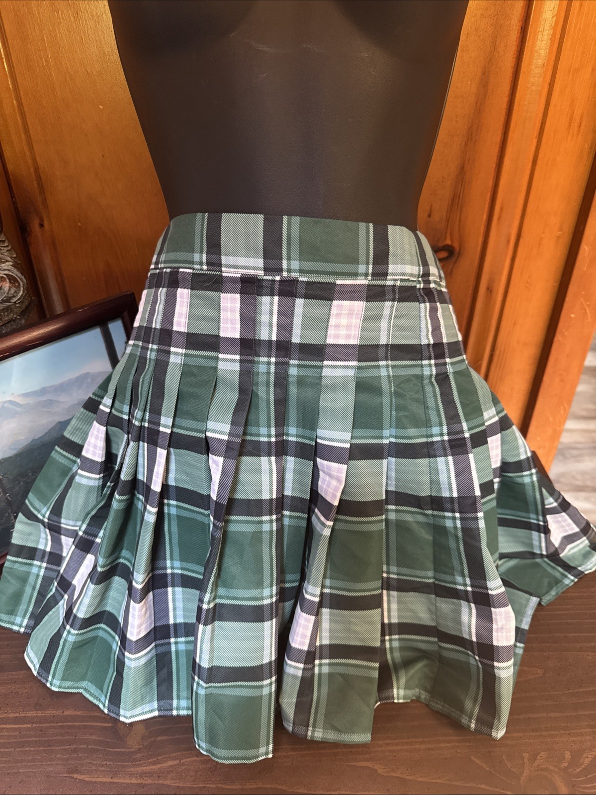 Love Fire Sz XL Pleated Skirt Black Green Plaid Mini Zip Y2K