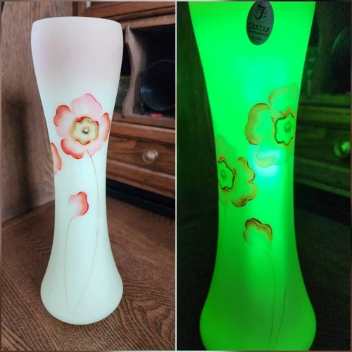 Fenton Burmese Uranium 11 Inch Poppy Vase #83/ 950: Hand-painted & Signed