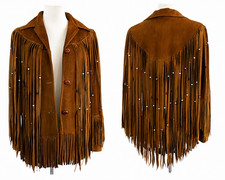 Women Tan Western fringes suede leather jacke...