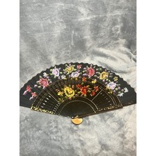 Vintage Hand Painted Folding Fan Black Floral Wood Fabric 17in Decor Boho