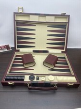 Vintage Backgammon Set Brown Cream Leatherette Carrying Case Dice Cups