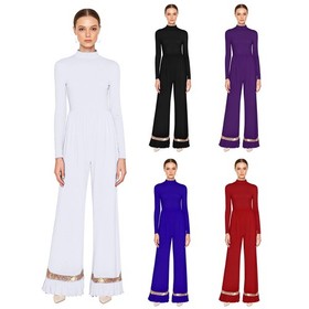Womens Jumpsuit Ruffled Dancewear Mesh Rompers Liturgical Worship Casual Church