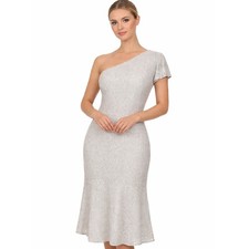 RALPH LAUREN DRESS 16 NEW Midi Silver Sparkle One Shoulder Flutter Cocktail
