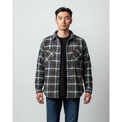 Weatherproof Vintage Mens XL Sherpa Lined Fleece Plaid Shirt Jacket Brown Blue