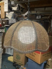 Vintage 18" WICKER HANGING SWAG LIGHT Rattan Shade MCM w/ Glass Globe (n2)