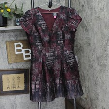 vince Camuto Womens Jacquard Fit & Flare Puff-Sleeve Dress Wine Red Multi 16