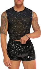 WDIRARA Men's 2 Piece Outfit Rhinestone Sequin Lace Mesh Crop Medium, Black