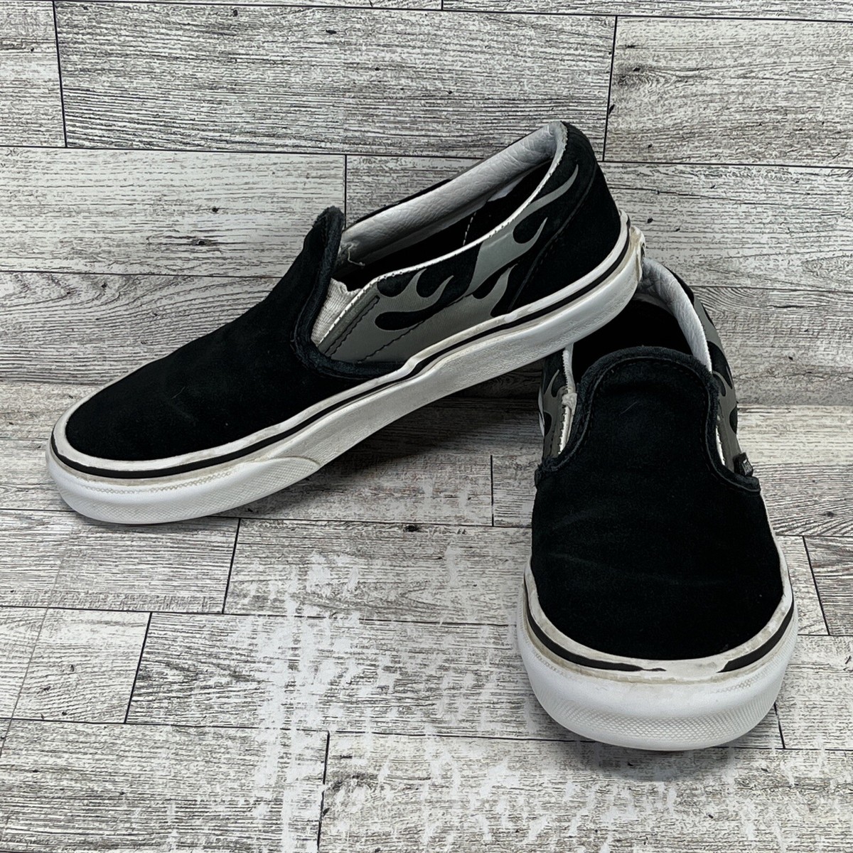 Vans Slip On Black Suede Flame Classic Sneakers Youth Size 2.5 | eBay