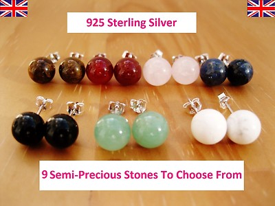 925 Sterling Silber - Halbedelsteine runde Ohrstecker 7-8 mm Größe