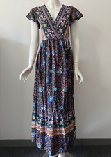Navy Multicolor Floral Printed Wrapped Bohemian V Neck Viscose Maxi Dress S