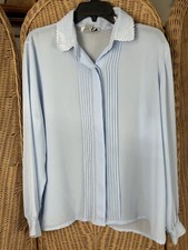Vintage Blouse Academia Tween Button Up Blue Medium pleated embroidery