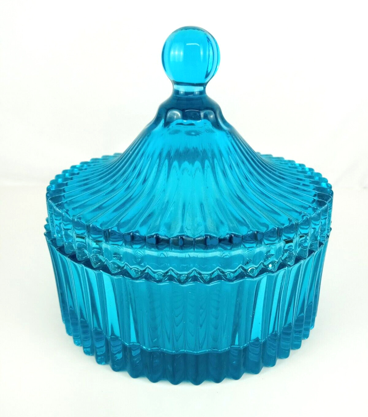 Teal Blue Glass Scalloped Tent Shaped Trinket Candy Dresser Dish with Lid