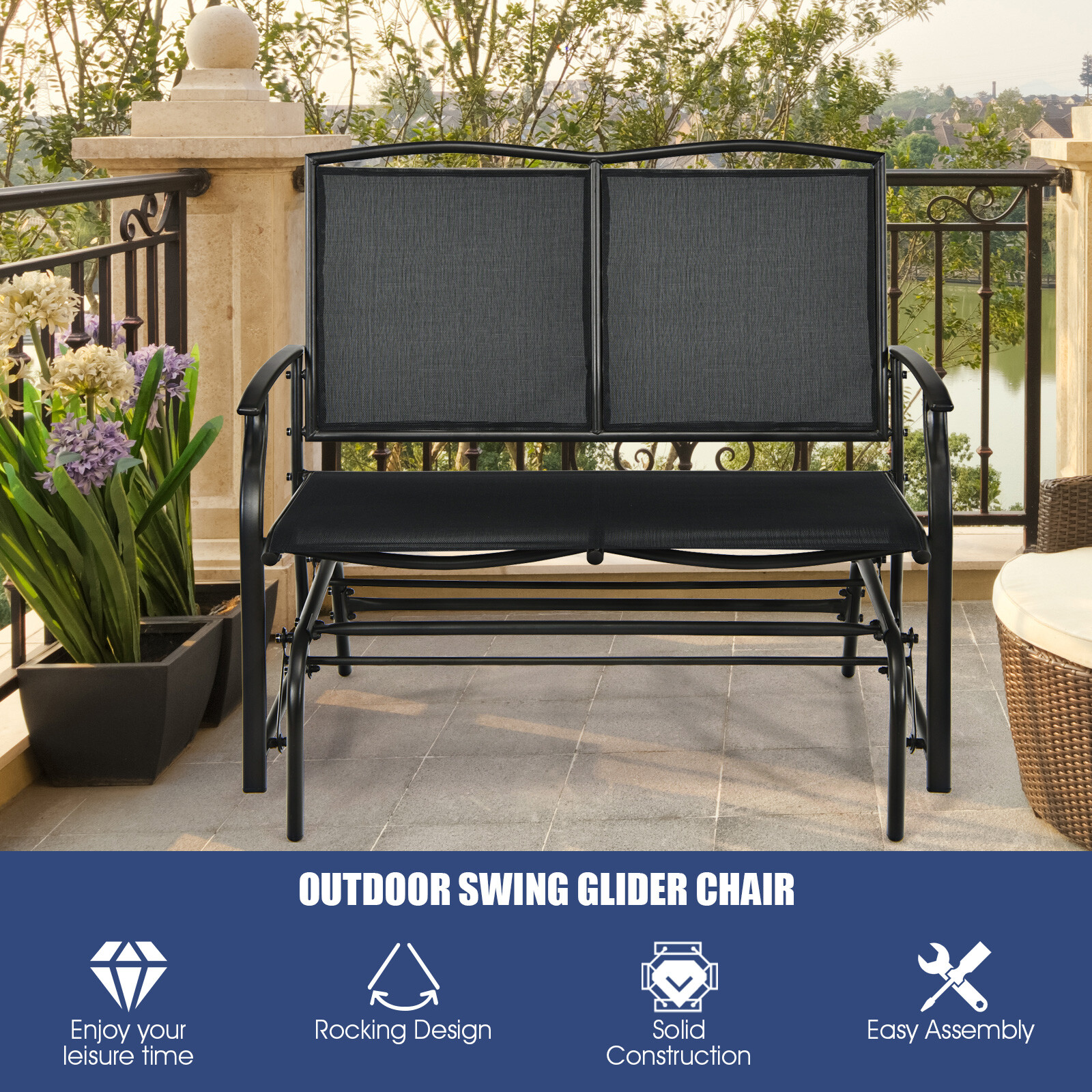 Costway Patio Glider Rocking Bench Double 2 Person Chair Loveseat Garden Black