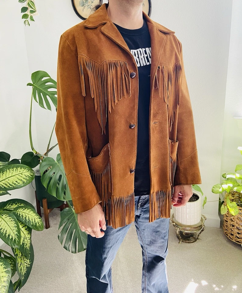 Chaqueta de cuero de gamuza con flecos Woodstock vintage años 60 abrigo Easy Rider para hombre S-M Foto 3 de 4