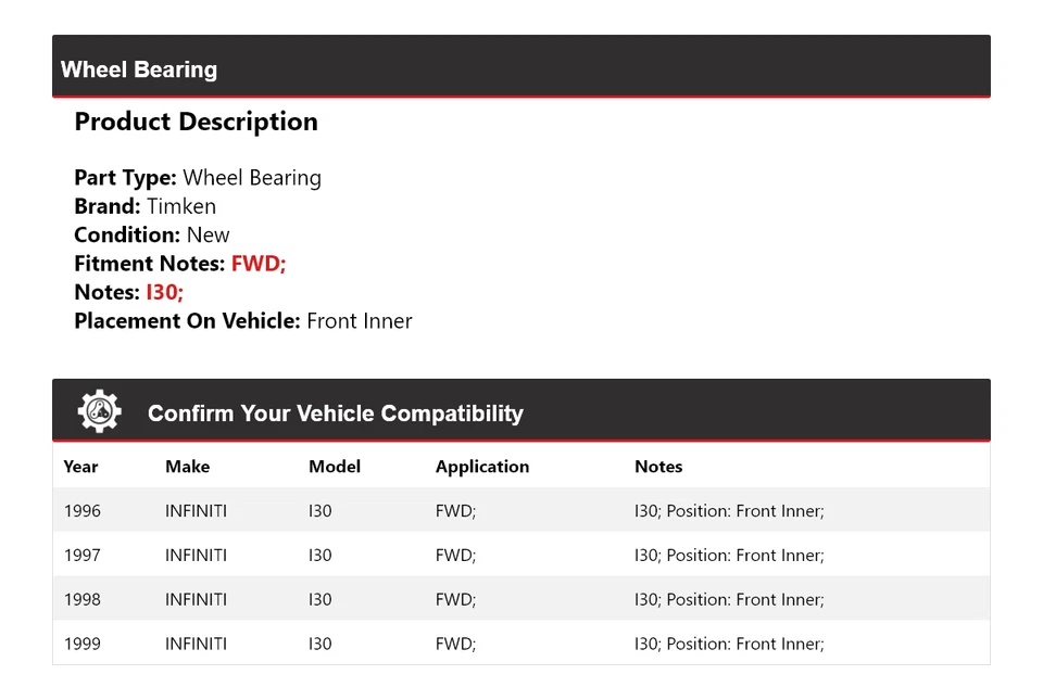 Cojinete de rueda interior delantero Timken 1997 1998 para Infiniti I30 1996-1999 tracción delantera Foto 2 de 4