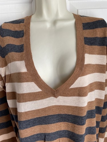 The Limited L NWT Sweater Top V-neck Long Sleeves Striped Brown Grey $54 Wool Bl - Picture 5 of 7