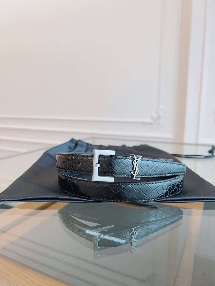 SAINT LAURENT Croc-Effect Leather Belt - YSL Logo - Size 80