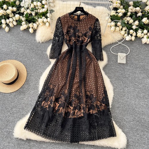 Otoño Vintage Flor Bordado Encaje Hueco Vestido Mujer Boda Fiesta Larga - Imagen 16 de 28