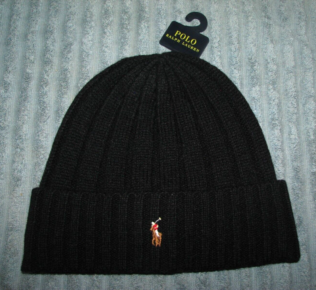 Cappello di lana da uomo POLO RALPH LAUREN nero PONY a polsino lavorato a maglia (beanie)