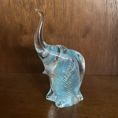 Art Glass Blue Elephant Paperweight Trunk Up