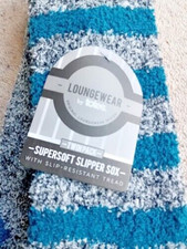 Image of Totes Men's Supersoft Slipper Sox Blue/Grey Twin Pack (2 Pairs) Size 8-12 New