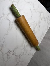 Vintage Wood Rolling Pin Distressed Green Handles Rustic Kitchen 1940s Farmhouse