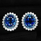 925 Sterling Silver Earrings Halo Vivid Blue Sapphire 14.50Ct Handmade Jewelry