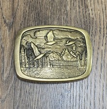 Vintage BTS Solid Brass Belt Buckle 1978 Ducks in Flight Made In USA