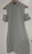 GUESS Womens Bodycon Dress Black White Striped Cold Shoulder Stretch Size M 1015