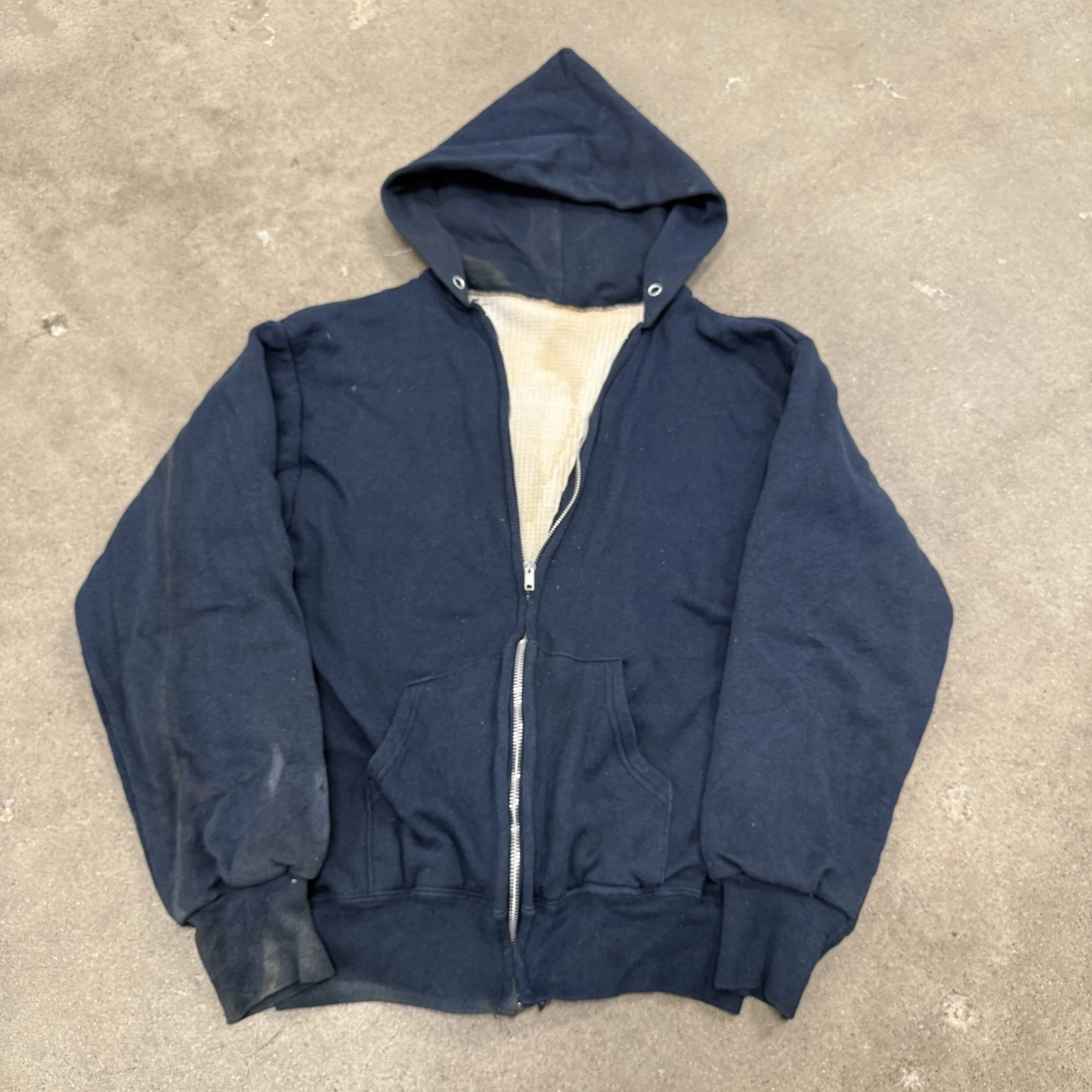 VINTAGE 80s THERMAL LINED THRASHED ZIP UP NAVY HOODIE MEDIUM SWEATSHIRT