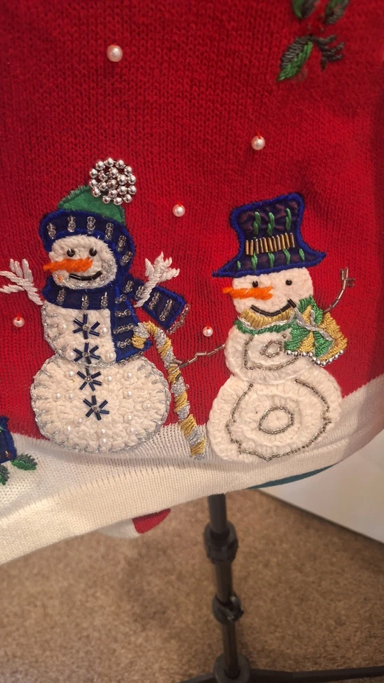 Vintage B.P. Cárdigan Suéter Diseño Feo Navidad Muñeco de Nieve Copo de Nieve Bordado Foto 3 de 4