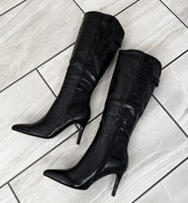 Women’s Black Croc Below The Knee High Stiletto Heel Long Boots Pointed Toe Zip