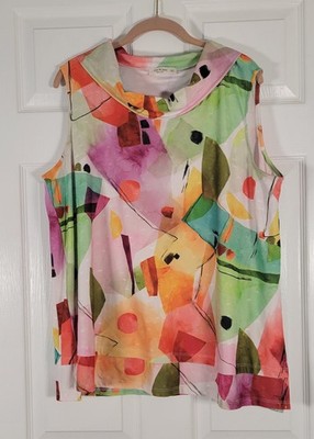 Jess & Jane Abstract Print Sleeveless Cowl Neck Top XL Made in USA Colorful
