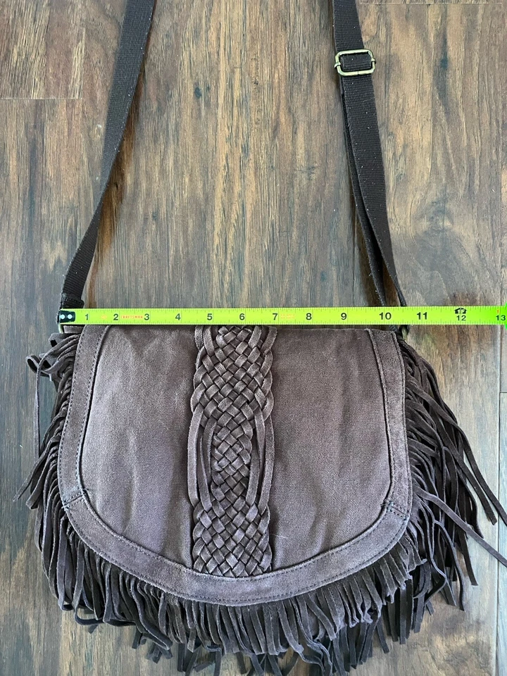 American Eagle Purse Bag w/ Leather Fringe Crossbody Brown Canvas #960634539 - Image 4 of 4