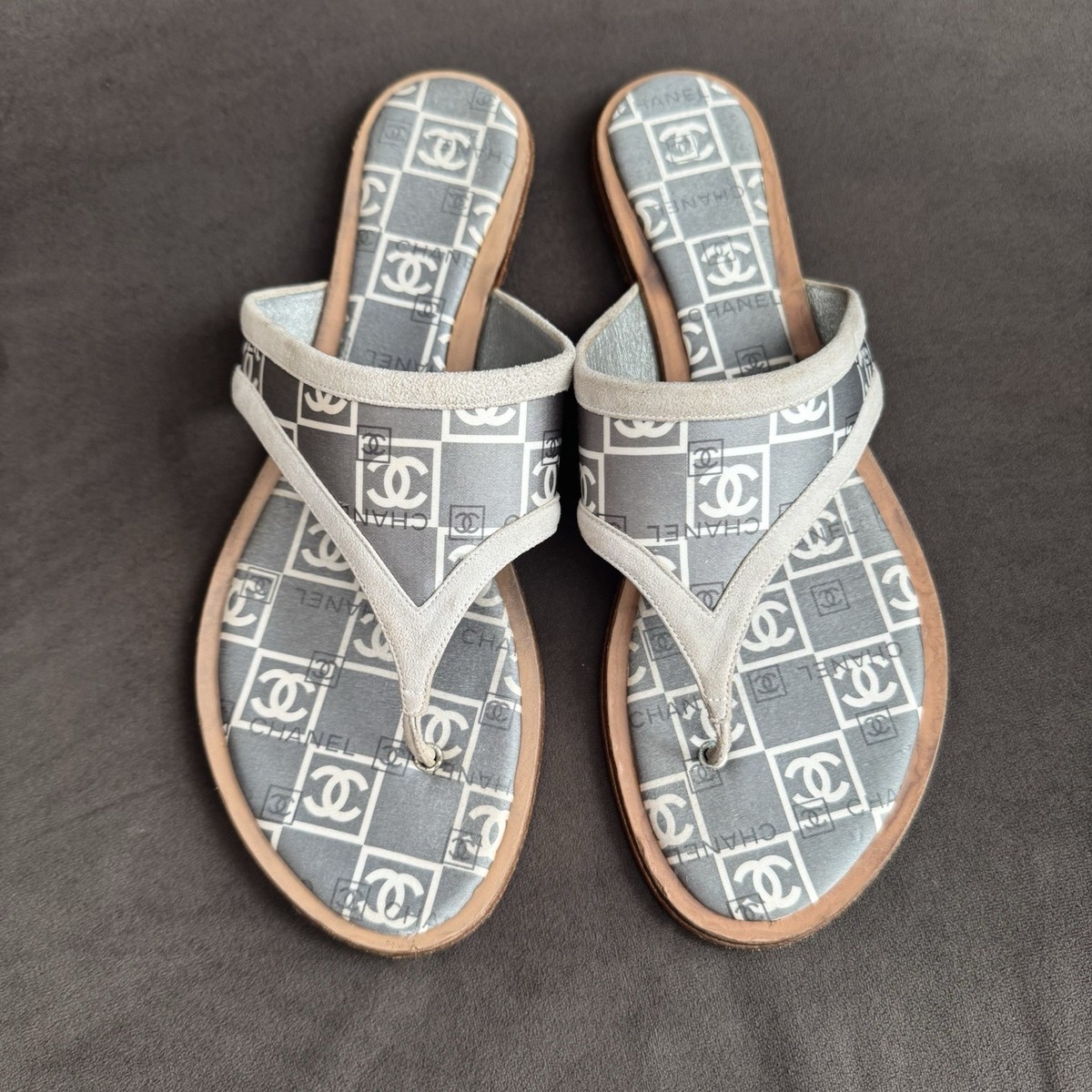 CHANEL Vintage Interlocking Double C Print Thong Sandals Women's
