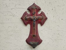 ANTICA XIX secolo ACQUASANTIERA VITTORIANA CROCE IN LEGNO RIVESTITO E BRONZO
