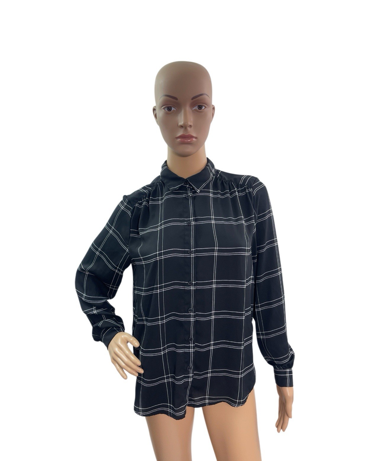 H&M Women’s Size 4 Long Sleeve Black White Plaid Button Down Blouse
