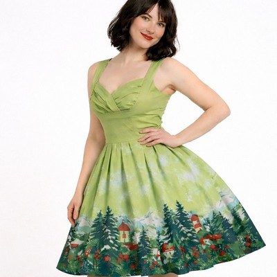 Unbranded Retro Fit & Flare Scenic Print Dress Green Cotton Stretch Size S