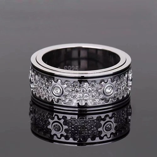 Solid 925 Sterling Silver Rotation Gear Designer Men Diamon Band Ring R23