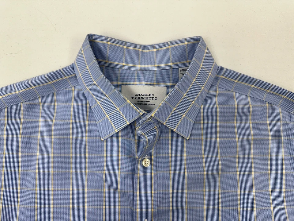 Camisa de vestir Charles Tyrwhitt para hombre 17,5 34 azul a cuadros algodón puño francés sin planchar Foto 3 de 4