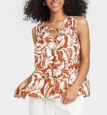 NEW A New Day Smocked Tank Top Rust Floral V-Neck Tie Size Large